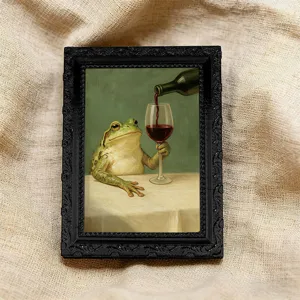 Vintage 3D frog fridge magnet with photo frame design, funny wine drinking art decor.