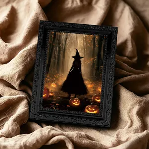 Halloween magnetic photo frame fridge sticker with spooky witch pumpkin forest design for holiday decor.