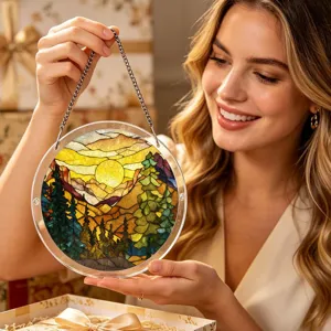Stained glass style acrylic mountain forest suncatcher window hanging decor with metal chain.