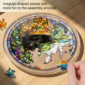 Detailed shot of acrylic cat suncatcher puzzle with stained glass design, perfect hanging decor.
