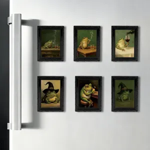 Set of 6 vintage frog fridge magnets in black frames, funny animal decor for kitchen home.