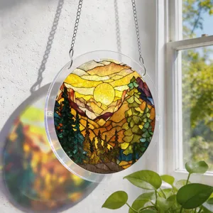 Acrylic stained glass style suncatcher window hanging with nature mountain and sun design detail