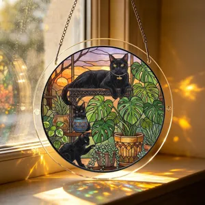Stained glass style black cat acrylic suncatcher window hanging decor for home and room.