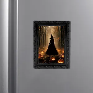 Halloween 3D magnetic fridge sticker photo frame with spooky witch and pumpkin ghost design.