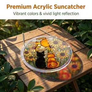 Acrylic cat suncatcher with vibrant sunflower stained glass design for window hanging decor.