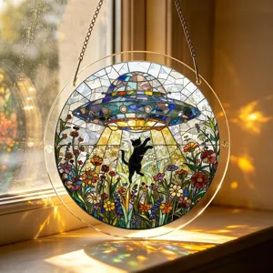 Round acrylic suncatcher window hanging with stained glass cat and UFO design.