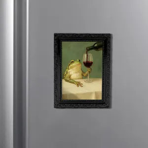 Retro frog wine painting fridge magnet close-up detail showcasing vintage artistic magnetic decor style.