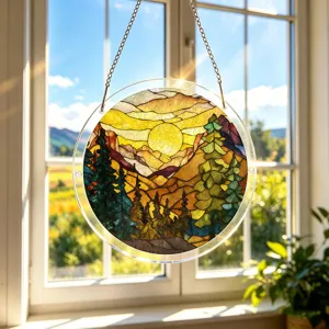 Round acrylic window suncatcher hanging ornament with beautiful mountain and sunset scenery.