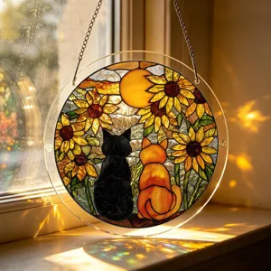 Acrylic Cat Sunflower Suncatcher Window Hanging Stained Glass Style Home Decor Ornament