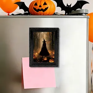 Halloween magnetic fridge sticker photo frame with spooky witch artwork and memo note slot.