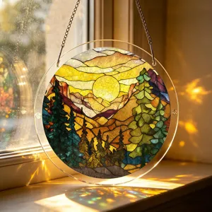 Acrylic stained glass suncatcher window hanging sunset forest home room decor pendant