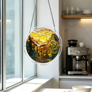 Acrylic suncatcher window hanging pendant featuring a stained glass sunset mountain landscape.