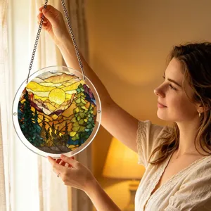 Detailed close-up view of the stained glass style acrylic window suncatcher hanging decoration.