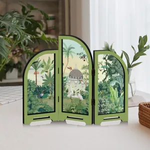 Mini decorative folding screen desktop ornament featuring tropical jungle and bird print design
