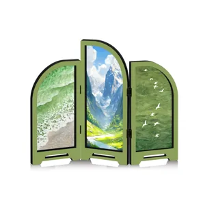 Mini acrylic folding screen desktop ornament with landscape print, creative 3D home decor gift.