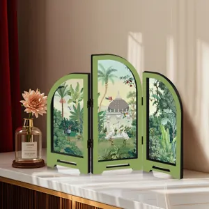 Mini acrylic folding screen detail shot showing exquisite tropical jungle and pavilion illustration.