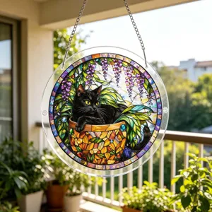 Stained glass style black cat acrylic suncatcher window hanging decor for home garden
