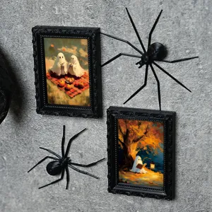 Halloween miniature ghost picture frames and black spider magnets for fridge and wall decor.