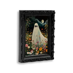 Halloween 3D ghost magnetic photo frame fridge magnet, vintage gothic floral decor detail.