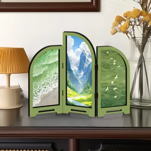 Miniature tabletop folding screen with landscape art panels, perfect for home decor display.