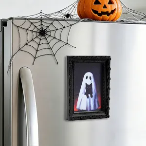 Aimant de réfrigérateur chat fantôme 3D Halloween avec cadre photo noir élégant.