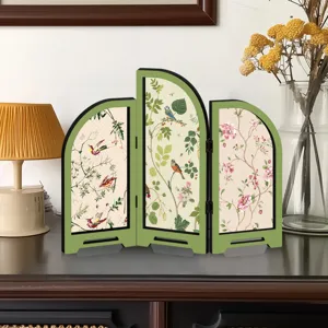 Mini desktop folding screen decorative ornament, Chinese style floral and bird pattern accent piece.