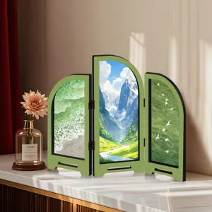 Miniature folding screen table ornament with nature landscape design, perfect desk decor.