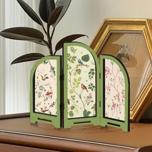 Mini Chinese style folding screen tabletop decoration detail view, acrylic frame with floral art.