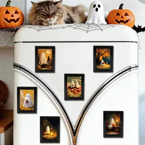 Halloween ghost magnetic photo frames detail view, spooky retro fridge decor sticker.