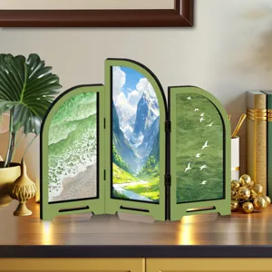 Mini decorative folding screen desktop ornament with landscape art design for home office decor.
