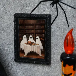 Detail view of the Halloween ghost picture frame magnet, featuring gothic ornate black decor.