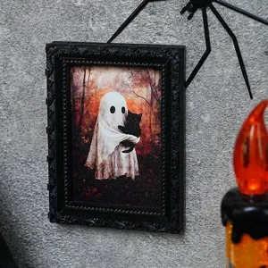 Halloween 3D ghost photo frame magnet detail view, spooky home decor magnetic sticker.