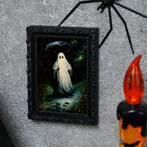Halloween 3D ghost magnetic photo frame fridge sticker, spooky art decor for home kitchen.