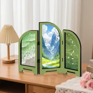 Mini acrylic folding screen desk decoration, scenic landscape ornament detail view.