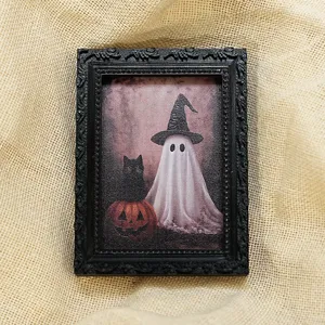 Cadre photo aimanté réfrigérateur fantôme 3D Halloween, chat noir et citrouille fête.