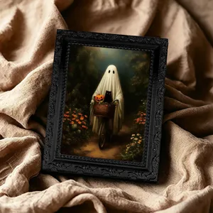 Primo piano dettagliato della cornice per foto fantasma di Halloween nera goffrata con calamita.