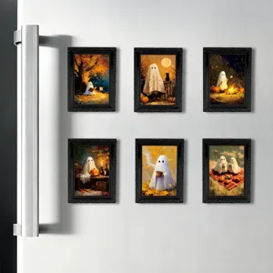 Halloween 3D ghost magnetic fridge stickers set, retro black photo frames for holiday decor.