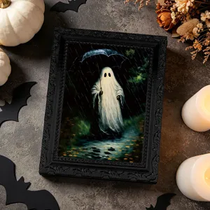 Detailed close-up of the Halloween 3D ghost magnetic photo frame with spooky rainy artwork.