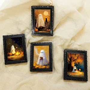 Halloween ghost magnetic photo frame refrigerator sticker detail with retro black style.