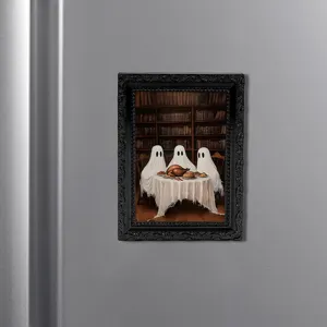 Halloween ghost magnetic fridge magnet photo frame, spooky bookshelf design for holiday decor.