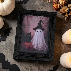Halloween decorative magnetic photo frame detail view with spooky ghost and pumpkin scene.