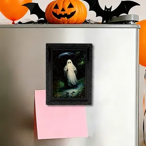 Halloween 3D ghost refrigerator magnet with vintage black frame, spooky holiday home decor detail.