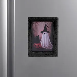 Detailed view of Halloween 3D ghost and black cat pumpkin fridge magnet with vintage frame.
