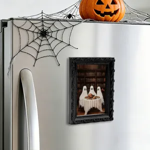Halloween 3D ghost picture frame fridge magnet, vintage black decorative magnetic sticker for home.