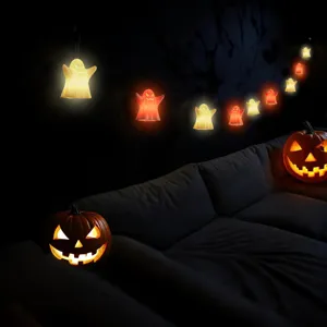 Halloween hanging LED ghost string lights, glowing ghost garland for spooky party home decor.