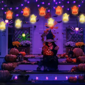 Halloween hanging LED string lights with glowing ghost and spider pendants for party decor.
