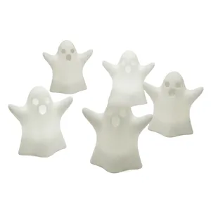 Close-up details of cute Halloween LED ghost lights set, perfect glowing party decor.