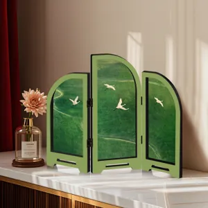 Chinese style mini acrylic folding screen desktop ornament with crane landscape decor