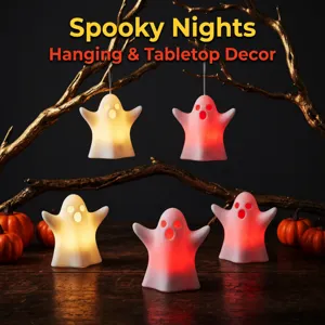 Halloween LED glowing ghost hanging and tabletop decor detail view spooky night light