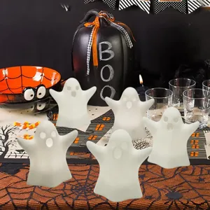 Halloween ghost led lights detailed view, glowing party decorative ornaments set of five.